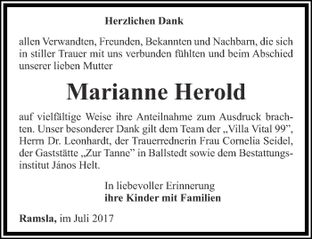 Traueranzeige von Marianne Herold von Thüringer Allgemeine, Thüringische Landeszeitung