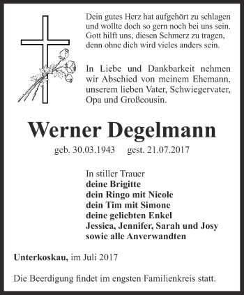 Traueranzeige von Werner Degelmann von Ostthüringer Zeitung