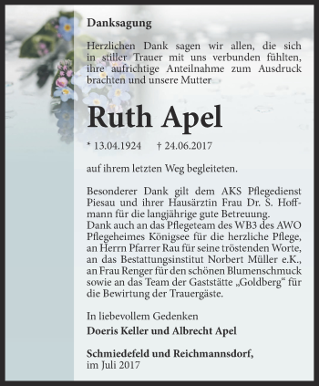 Traueranzeige von Ruth Apel von Ostthüringer Zeitung