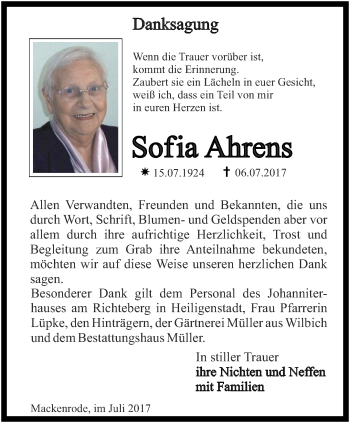 Traueranzeige von Sofia Ahrens von Thüringer Allgemeine