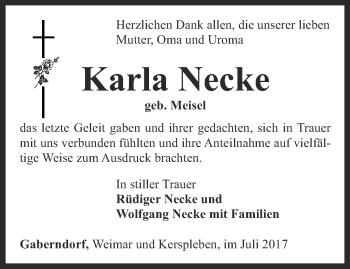 Traueranzeige von Karla Necke von Thüringer Allgemeine, Thüringische Landeszeitung