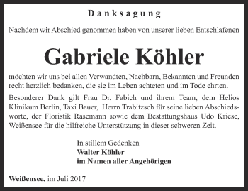 Traueranzeige von Gabriele Köhler von Thüringer Allgemeine