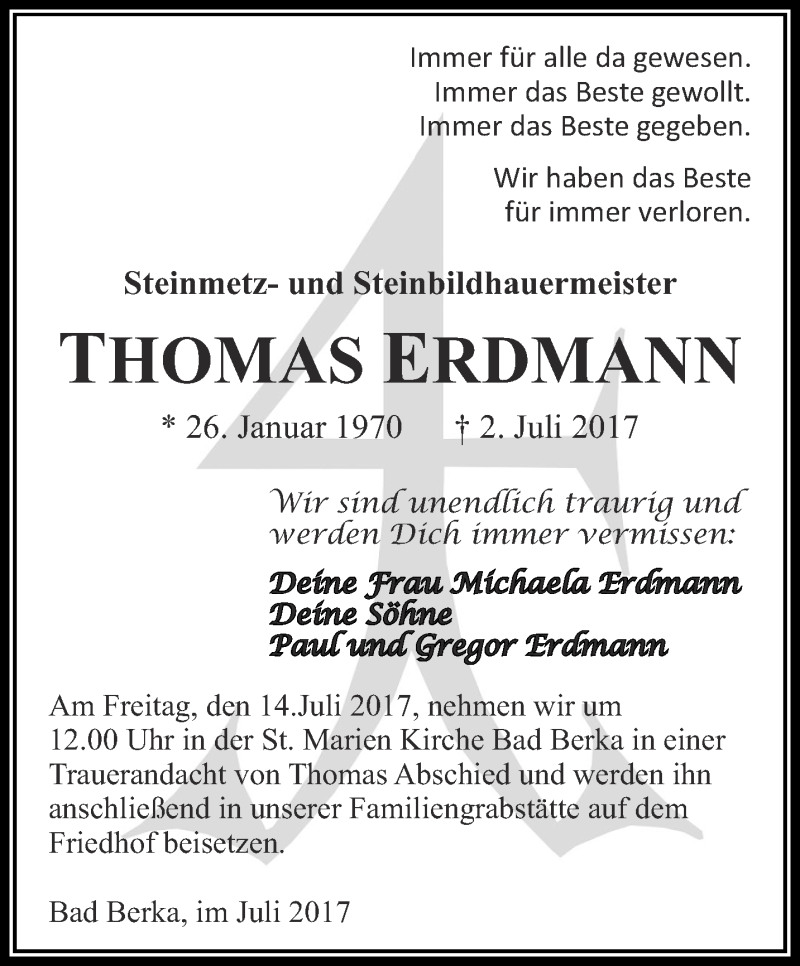  Traueranzeige für Thomas Erdmann vom 08.07.2017 aus Thüringer Allgemeine, Thüringische Landeszeitung