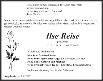 Traueranzeige von Ilse Reise von Thüringer Allgemeine