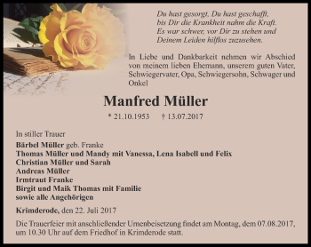 Traueranzeige von Manfred Müller von Thüringer Allgemeine