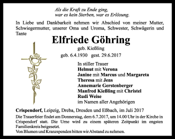 Traueranzeige von Elfriede Göhring von Ostthüringer Zeitung