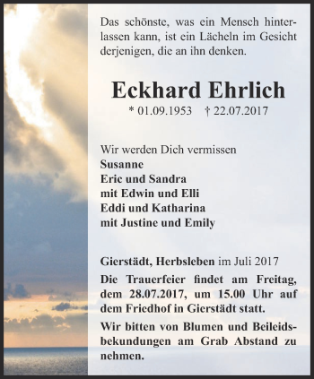 Traueranzeige von Eckhard Ehrlich von Ostthüringer Zeitung, Thüringische Landeszeitung