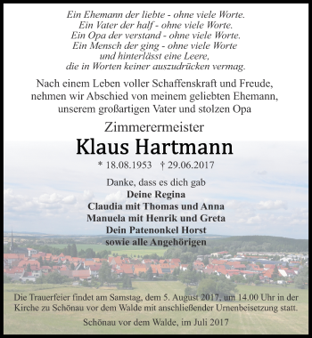 Traueranzeige von Klaus Hartmann von Ostthüringer Zeitung, Thüringische Landeszeitung