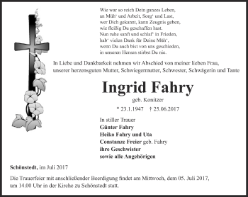 Traueranzeige von Ingrid Fahry von Thüringer Allgemeine, Thüringische Landeszeitung