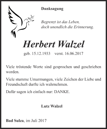 Traueranzeige von Herbert Walzel von Thüringer Allgemeine, Thüringische Landeszeitung