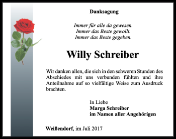 Traueranzeige von Willy Schreiber von Ostthüringer Zeitung