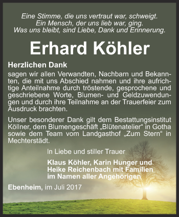 Traueranzeige von Erhard Köhler von Ostthüringer Zeitung, Thüringische Landeszeitung