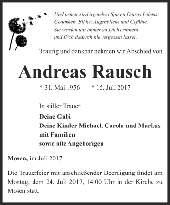 Traueranzeige von Andreas Rausch von Ostthüringer Zeitung