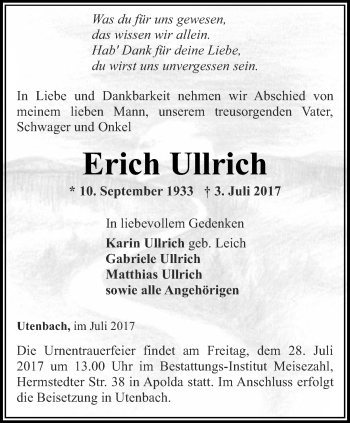 Traueranzeige von Erich Ullrich von Thüringer Allgemeine, Thüringische Landeszeitung