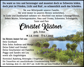 Traueranzeige von Christel Kästner von Ostthüringer Zeitung, Thüringische Landeszeitung