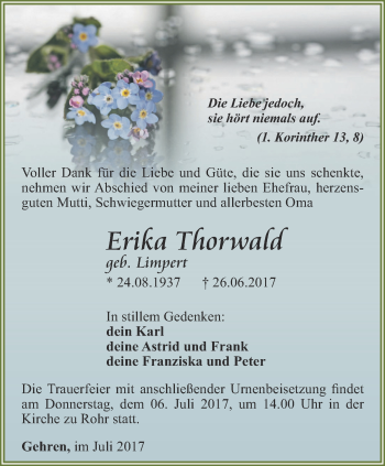 Traueranzeige von Erika Thorwald von Thüringer Allgemeine