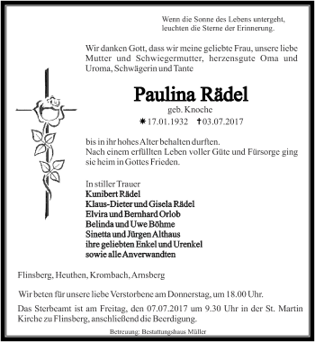 Traueranzeige von Paulina Rädel von Thüringer Allgemeine