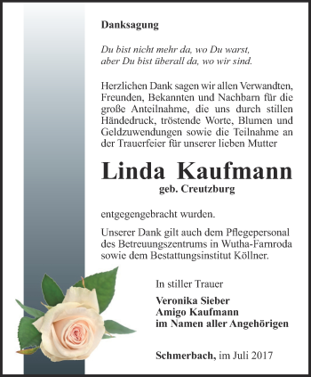 Traueranzeige von Linda Kaufmann von Ostthüringer Zeitung, Thüringische Landeszeitung