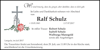 Traueranzeige von Ralf Schulz von Thüringer Allgemeine, Thüringische Landeszeitung