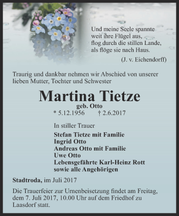 Traueranzeige von Martina Tietze von Ostthüringer Zeitung