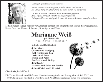 Traueranzeige von Marianne Weiß von Thüringer Allgemeine, Thüringische Landeszeitung