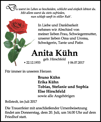 Traueranzeige von Anita Kühn von Thüringer Allgemeine, Thüringische Landeszeitung