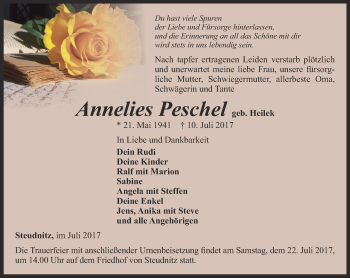 Traueranzeige von Annelies Peschel von Ostthüringer Zeitung, Thüringische Landeszeitung