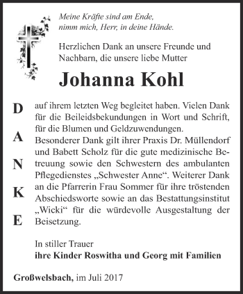 Traueranzeige von Johanna Kohl von Thüringer Allgemeine, Thüringische Landeszeitung