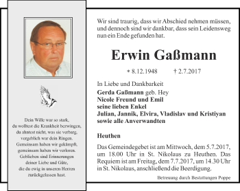 Traueranzeige von Erwin Gaßmann von Thüringer Allgemeine