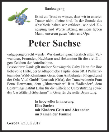 Traueranzeige von Peter Sachse von Ostthüringer Zeitung
