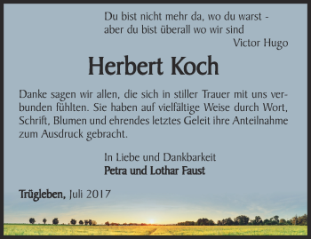 Traueranzeige von Herbert Koch von Ostthüringer Zeitung, Thüringische Landeszeitung