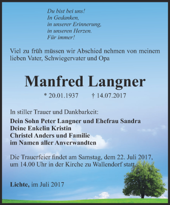 Traueranzeige von Manfred Langner von Ostthüringer Zeitung