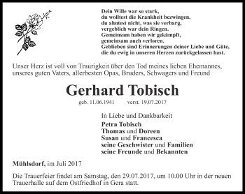 Traueranzeige von Gerhard Tobisch von Ostthüringer Zeitung