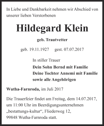 Traueranzeige von Hildegard Klein von Thüringer Allgemeine, Thüringische Landeszeitung