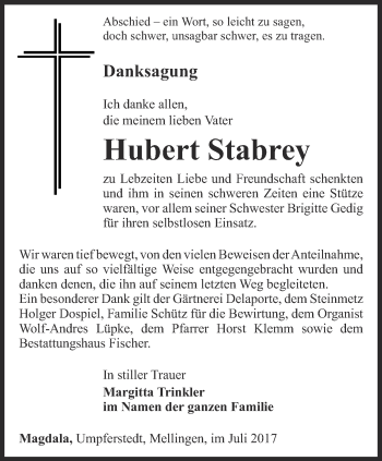 Traueranzeige von Hubert Stabrey von Thüringer Allgemeine, Thüringische Landeszeitung