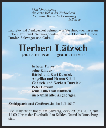 Traueranzeige von Herbert Lätzsch von Ostthüringer Zeitung