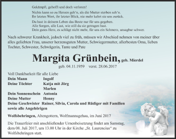 Traueranzeige von Margita Grünbein von Thüringer Allgemeine, Thüringische Landeszeitung