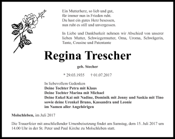 Traueranzeige von Regina Trescher von Ostthüringer Zeitung, Thüringische Landeszeitung