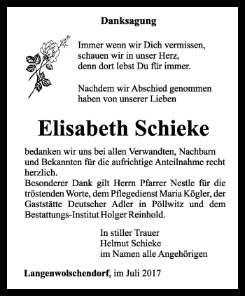 Traueranzeige von Elisabeth Schieke von Ostthüringer Zeitung