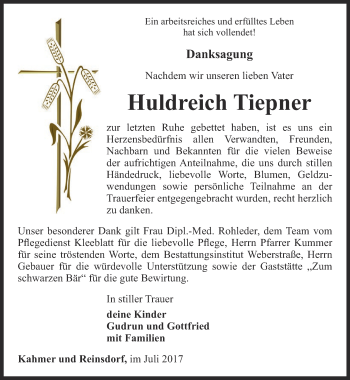 Traueranzeige von Huldreich Tiepner von Ostthüringer Zeitung