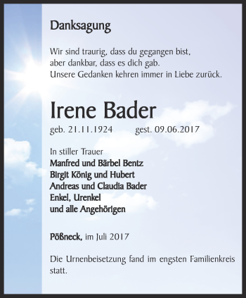 Traueranzeige von Irene Bader von Ostthüringer Zeitung