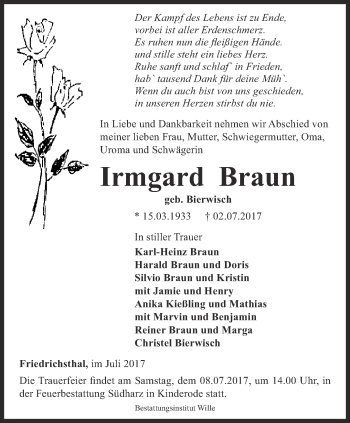Traueranzeige von Irmgard Braun von Thüringer Allgemeine