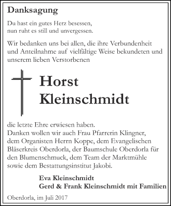 Traueranzeige von Horst Kleinschmidt von Thüringer Allgemeine, Thüringische Landeszeitung