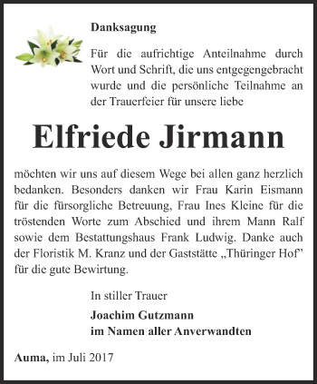 Traueranzeige von Elfriede Jirmann von Ostthüringer Zeitung