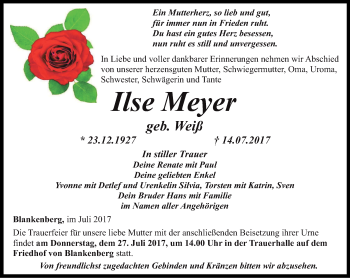 Traueranzeige von Ilse Meyer von Ostthüringer Zeitung