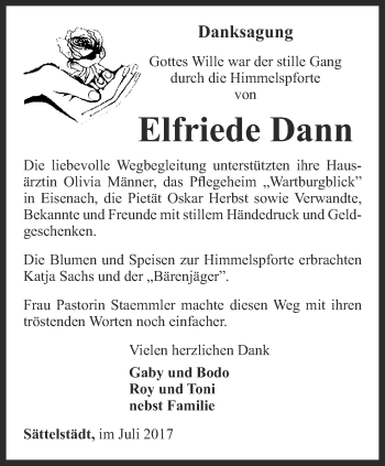 Traueranzeige von Elfriede Dann von Thüringer Allgemeine, Thüringische Landeszeitung