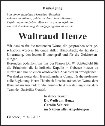 Traueranzeige von Waltraud Henze von Thüringer Allgemeine, Thüringische Landeszeitung