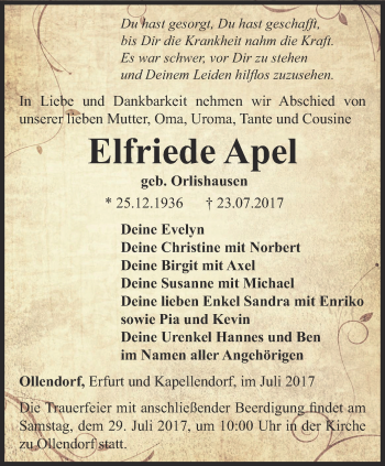 Traueranzeige von Elfriede Apel von Thüringer Allgemeine, Thüringische Landeszeitung