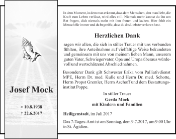 Traueranzeige von Josef Mock von Thüringer Allgemeine
