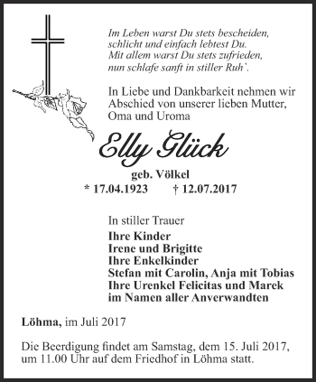 Traueranzeige von Elly Glück von Ostthüringer Zeitung